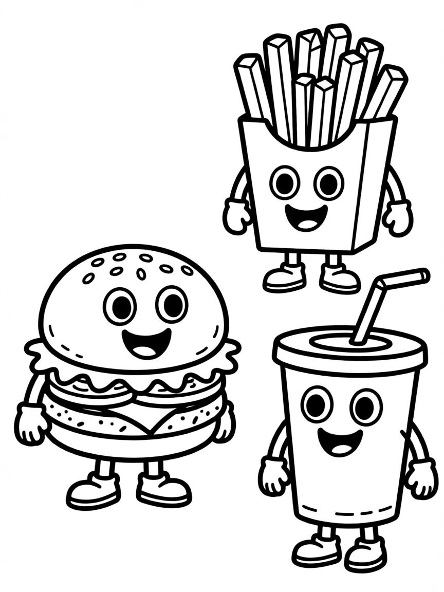Smiling fast food meal with burger, fries, and drink pals