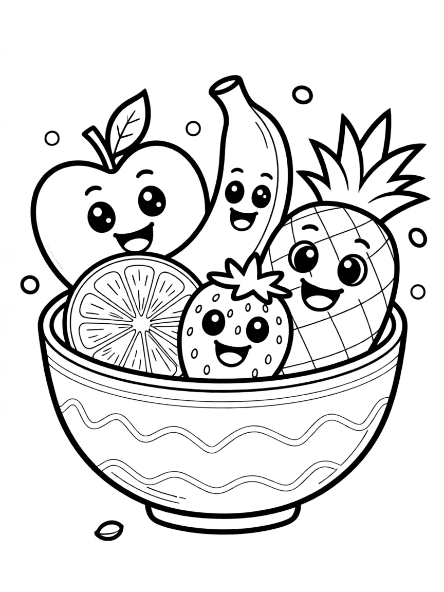 Adorable fruit salad bowl with different fruit slice characters