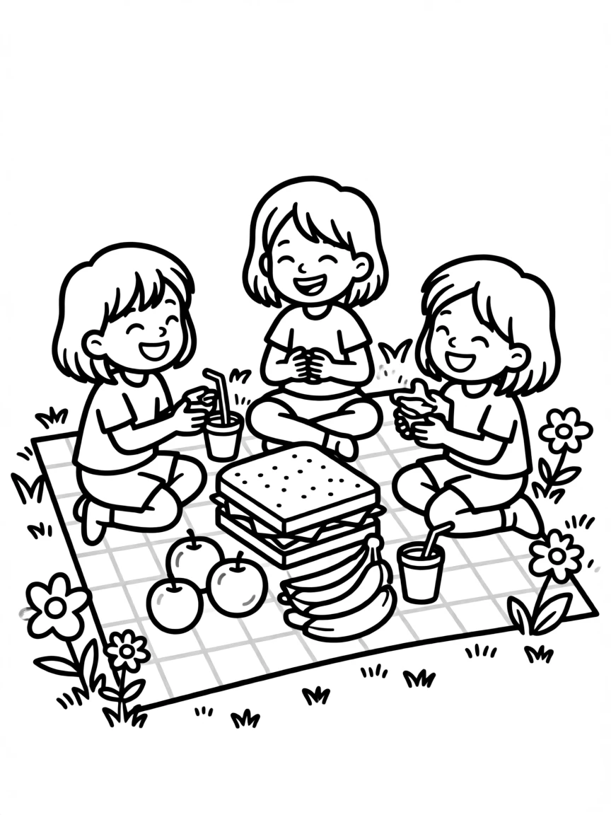 Happy picnic with sandwich, fruit, and drink friends