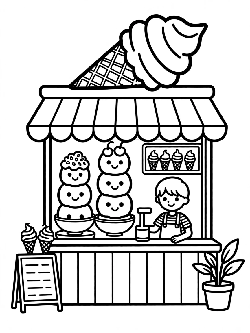 Cute ice cream parlor with scoop and topping characters