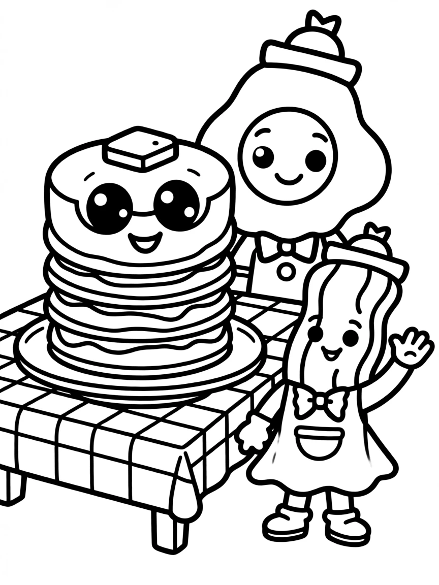Kawaii breakfast diner with pancake, egg, and bacon friends