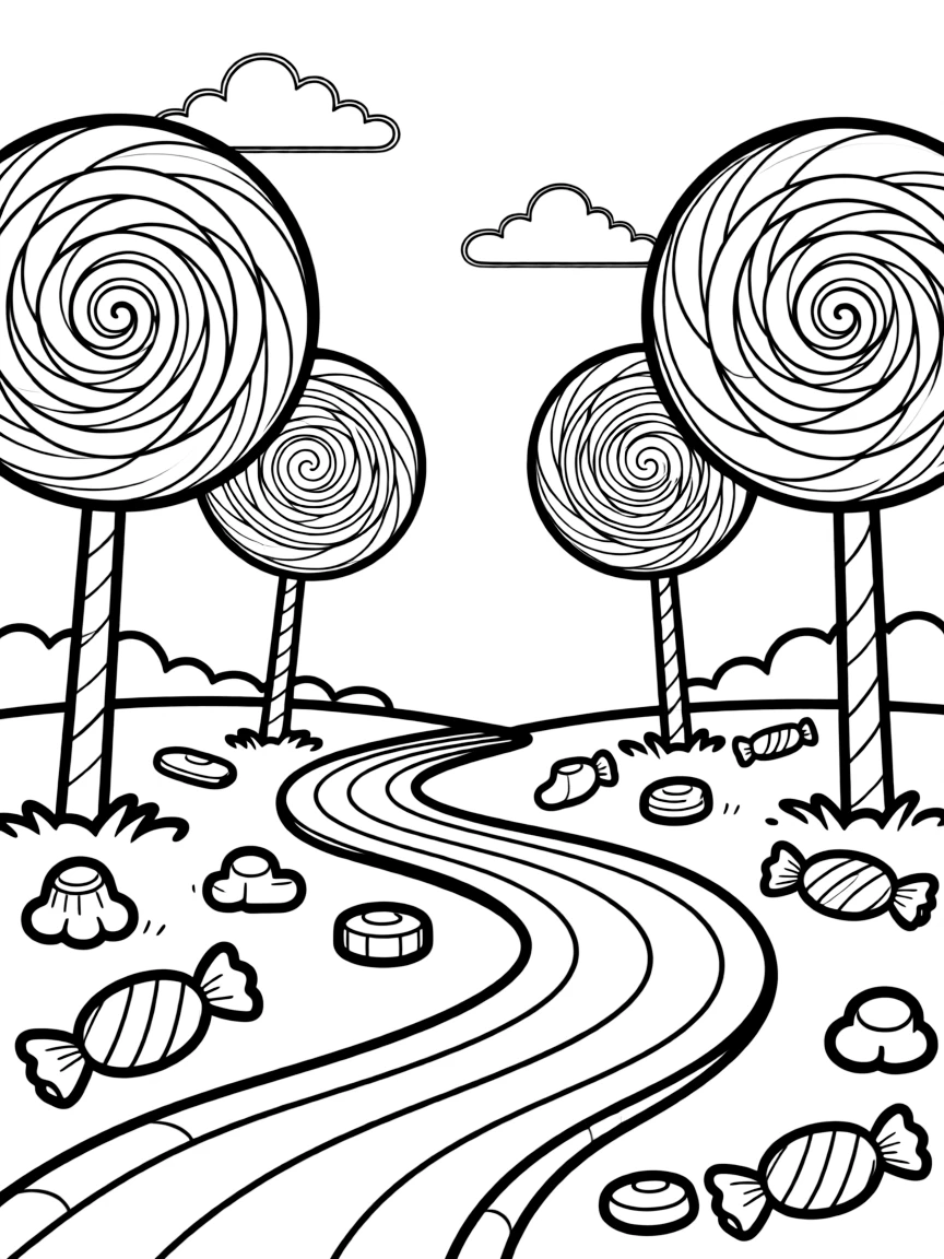 Smiling candy land with lollipop trees and gummy paths
