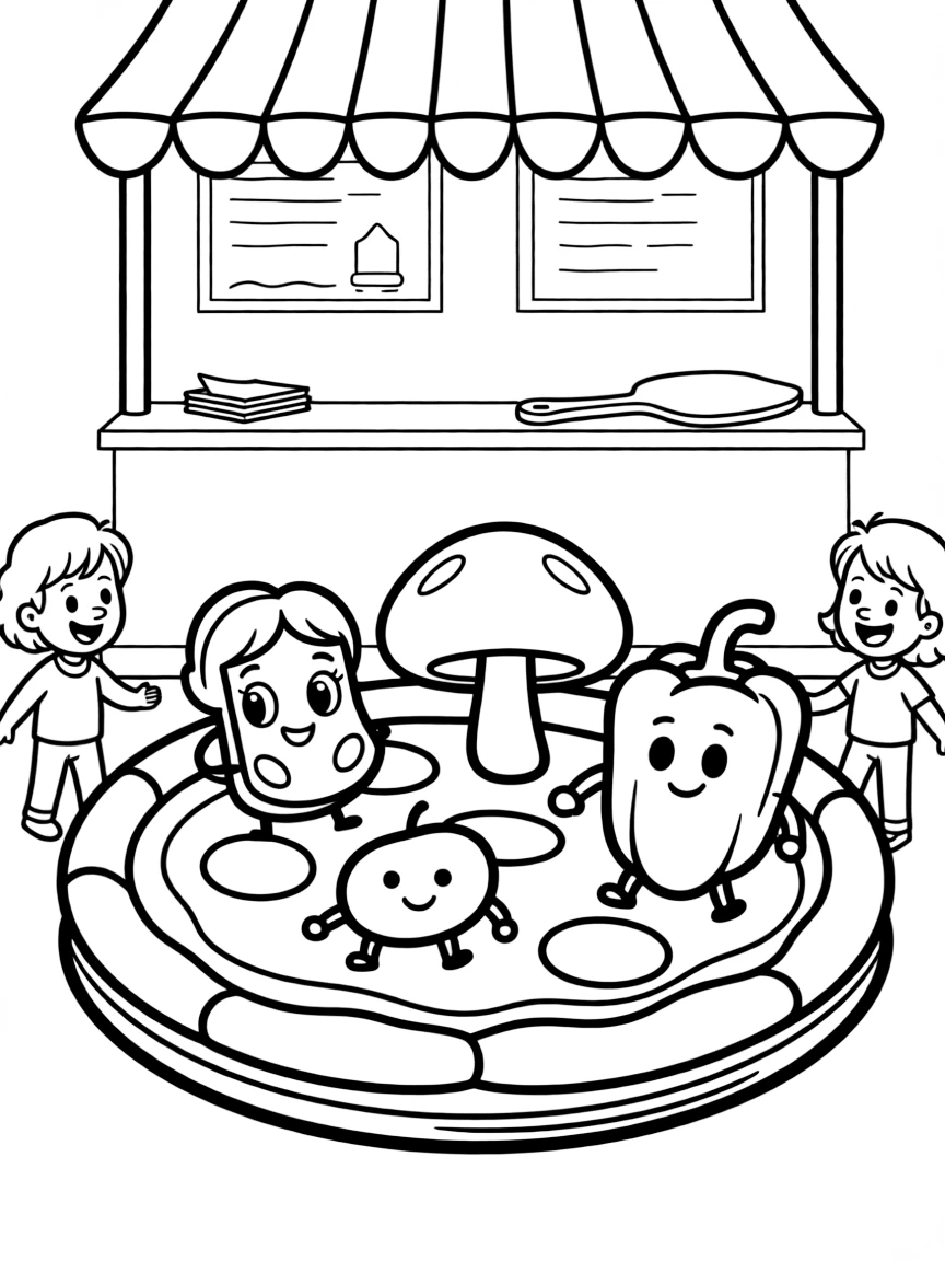 Adorable pizza parlor with topping characters