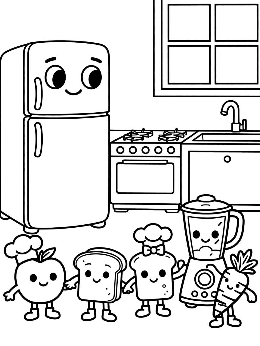 Happy kitchen with appliance and food characters