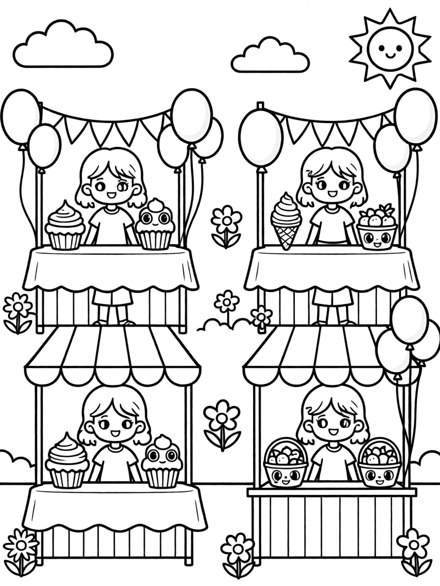 Kawaii food festival with different booth characters