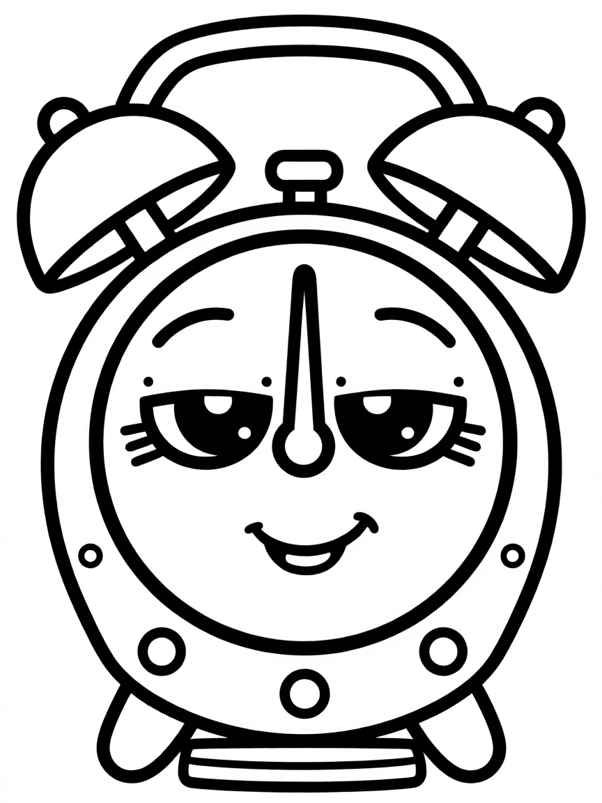Smiling alarm clock with bell ears and sleepy eyes