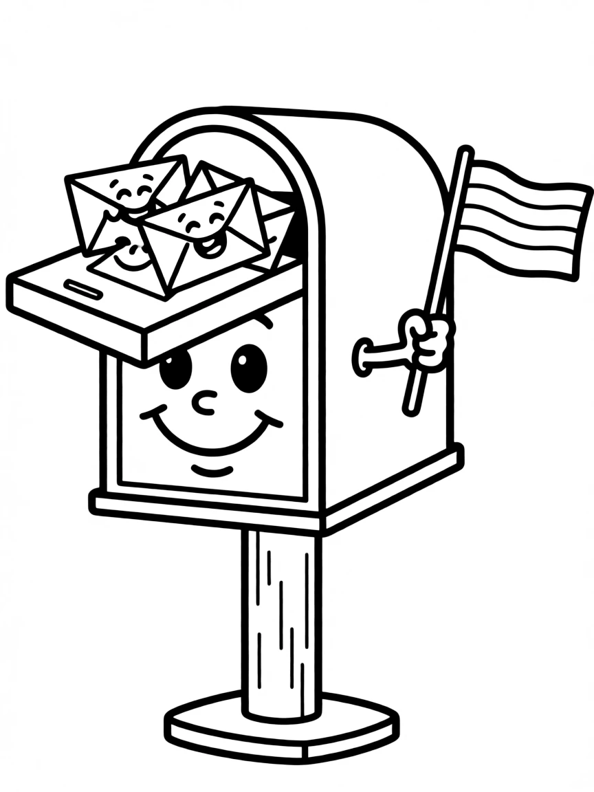 Happy mailbox with letter friends and a flag arm