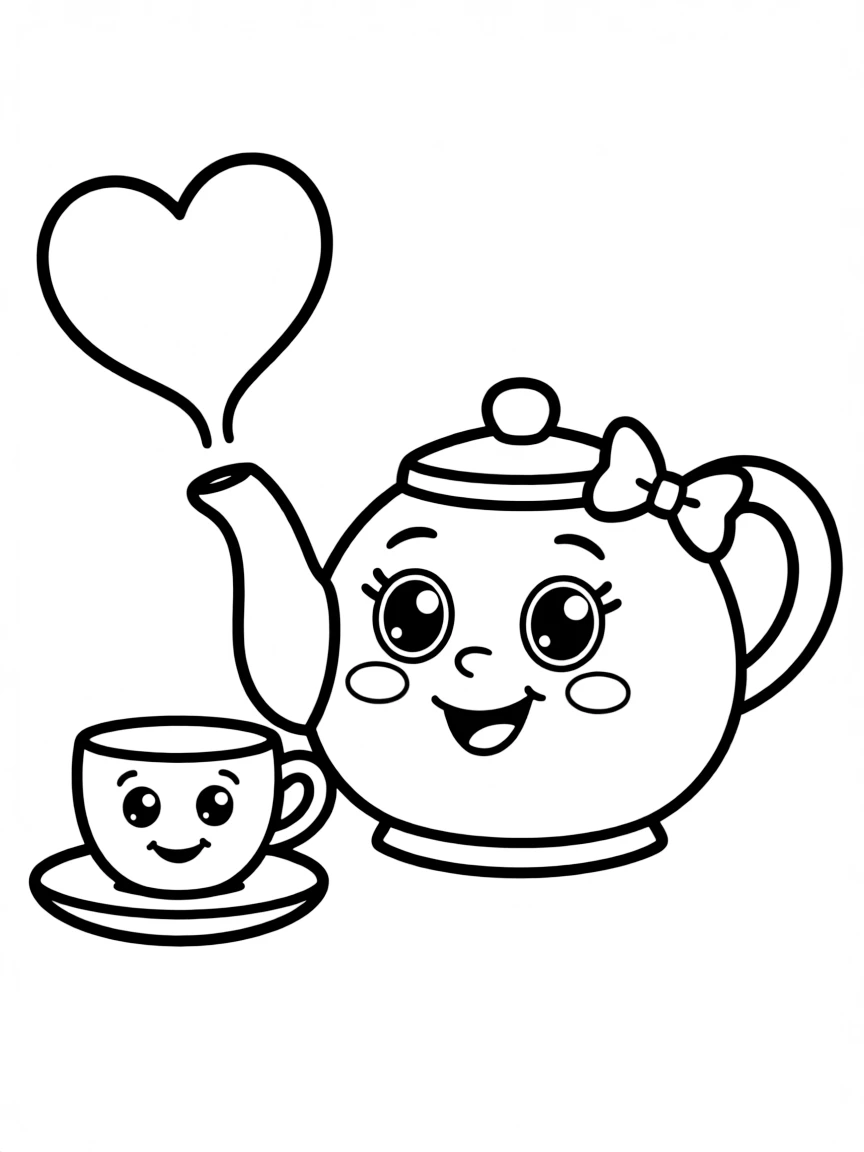 Adorable teapot with steam heart and cup companion