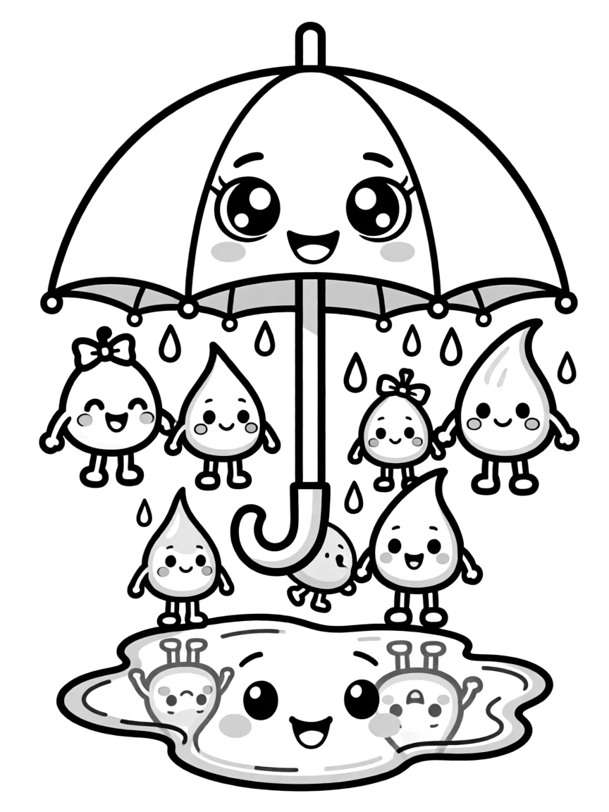 Kawaii umbrella with raindrop friends and puddle
