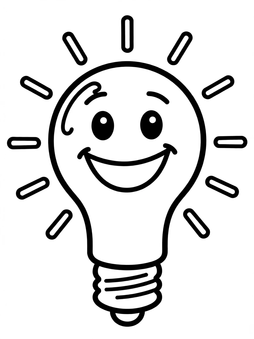 Smiling light bulb with ray hair and socket base