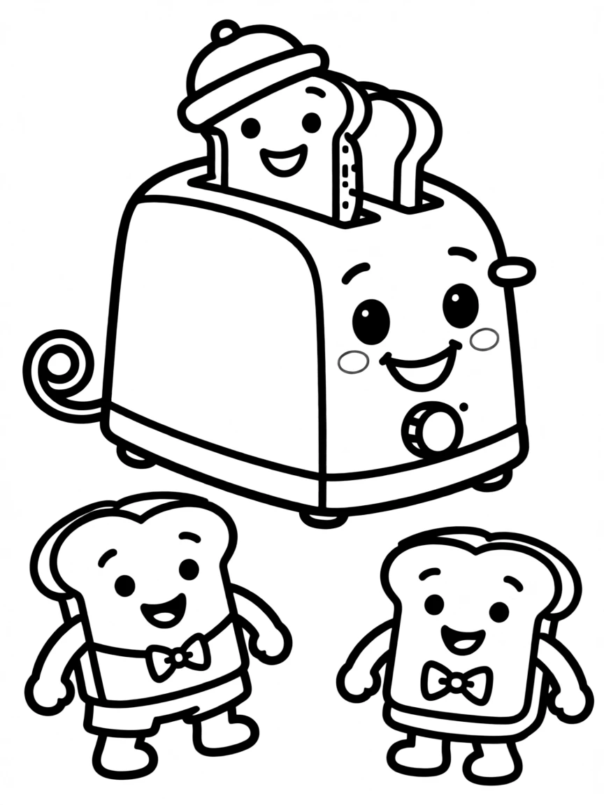 Happy toaster with bread slice friends and cord tail