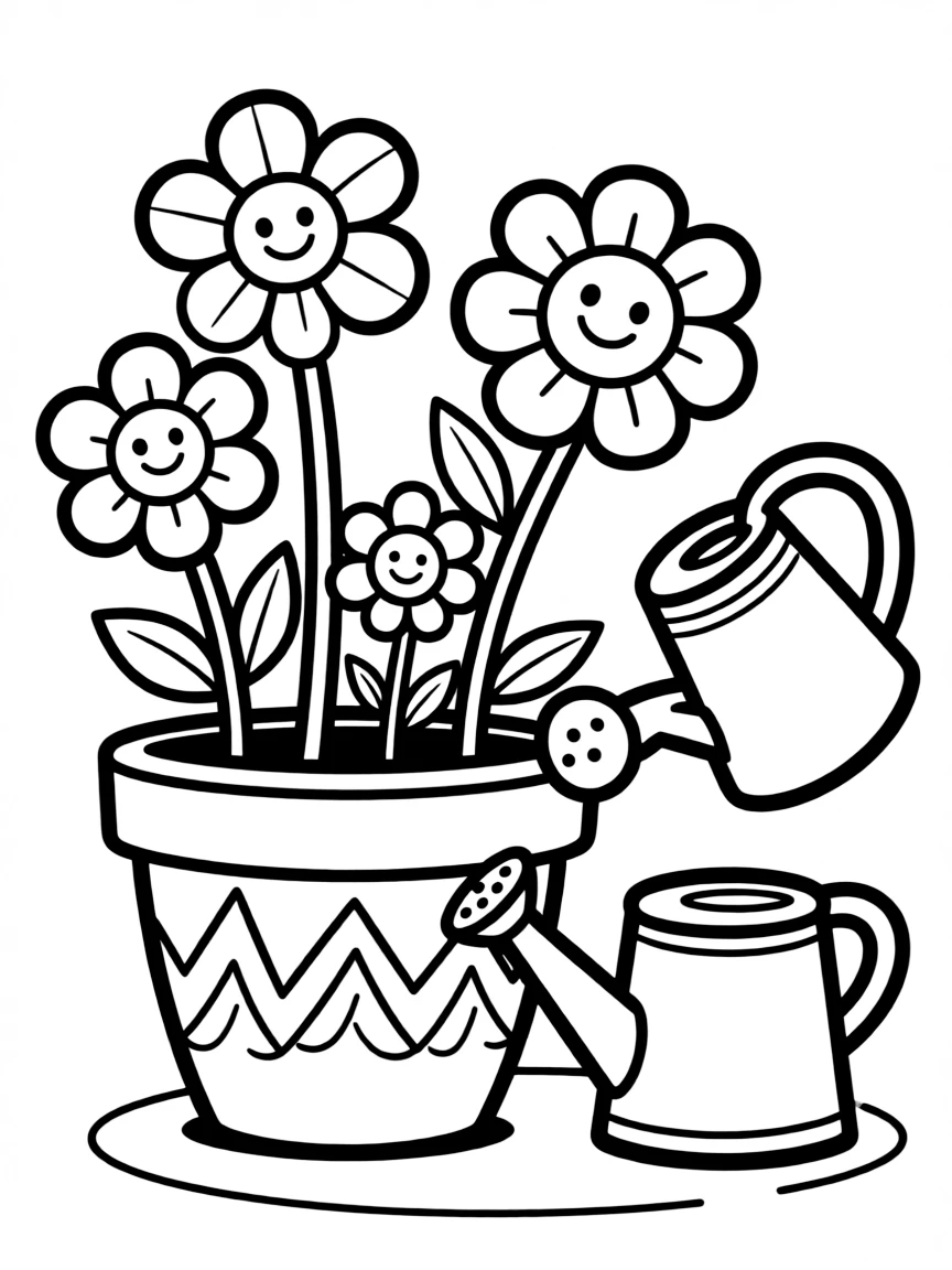 Cute plant pot with flower friends and watering can