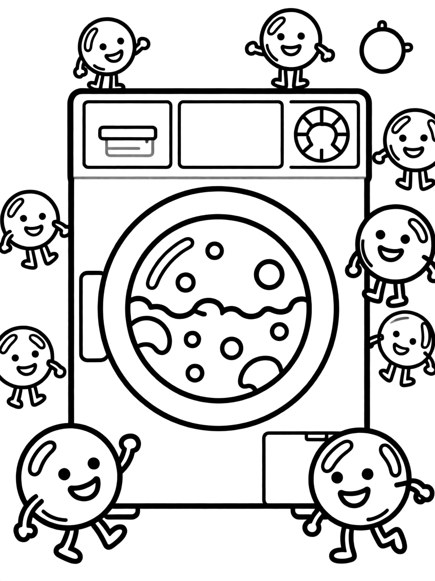Smiling washing machine with bubble friends and cycle dial