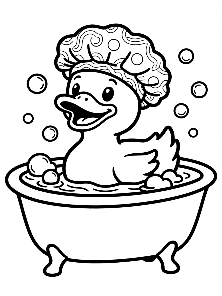 Happy rubber duck with shower cap and bath bubbles