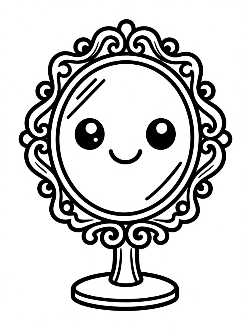 Kawaii mirror with reflection smile and frame curls