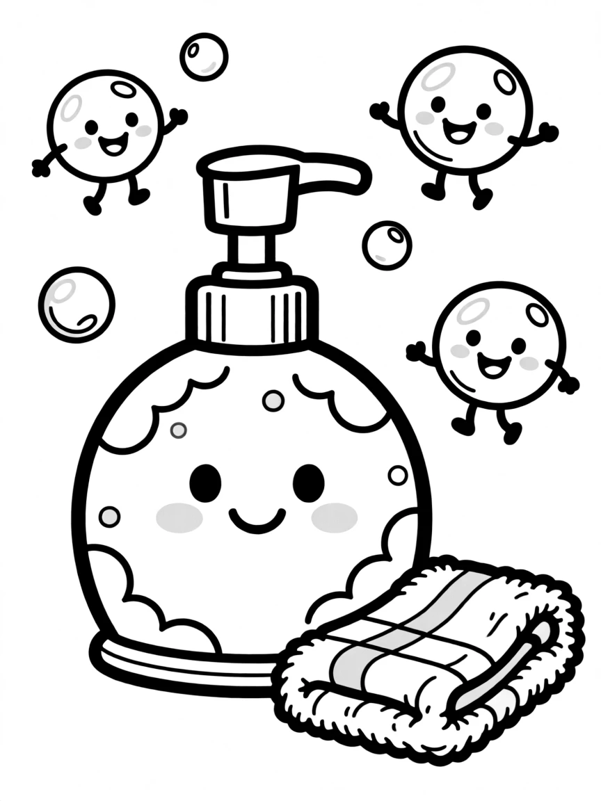 Adorable soap dispenser with bubble friends and towel