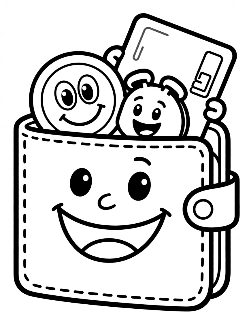 Smiling wallet with coin and card friends inside