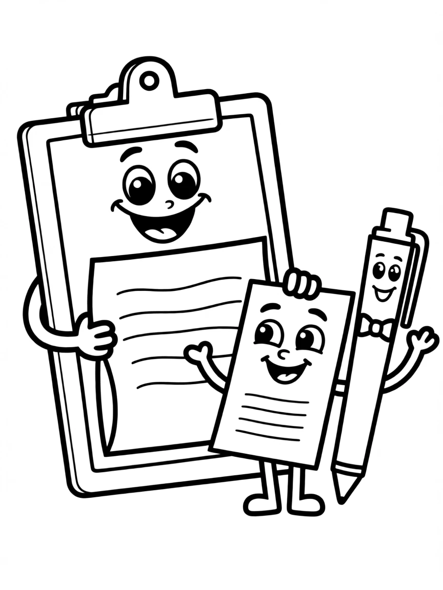 Smiling clipboard with paper and pen friends