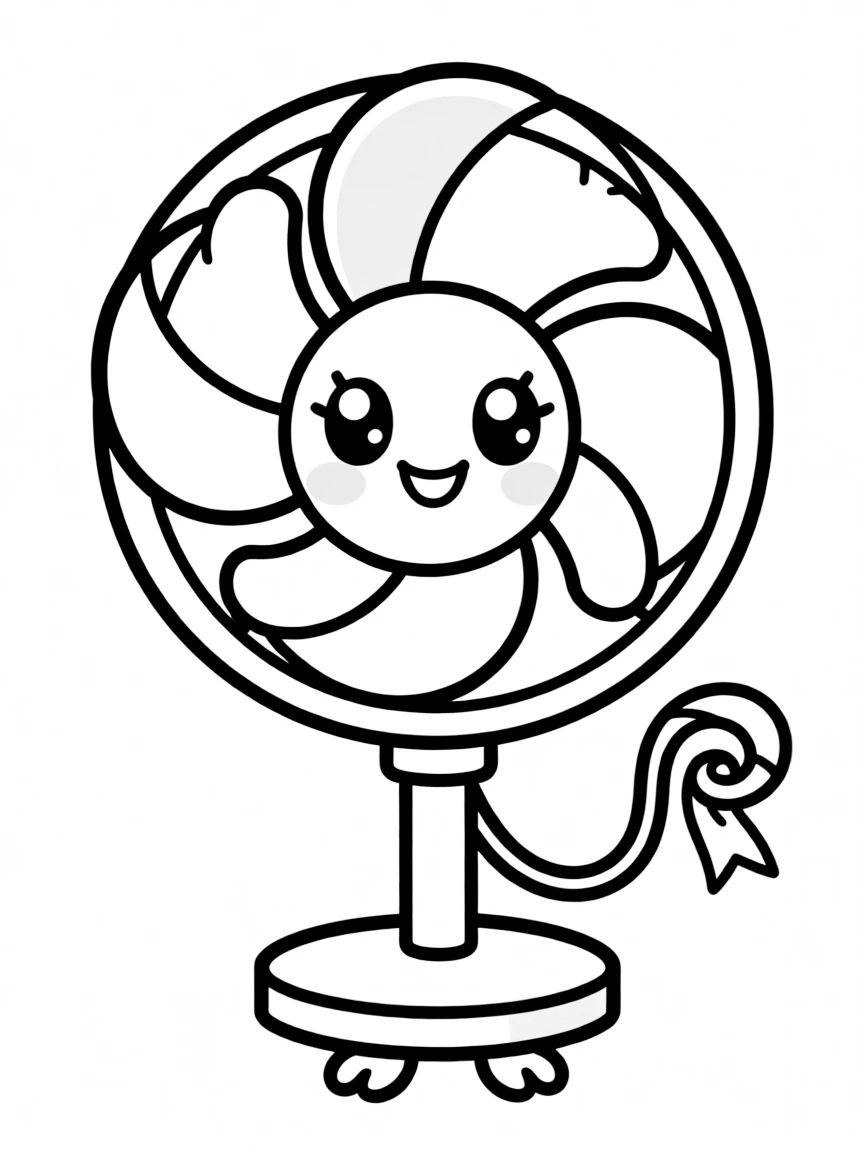 Kawaii fan with spinning blades and cord tail