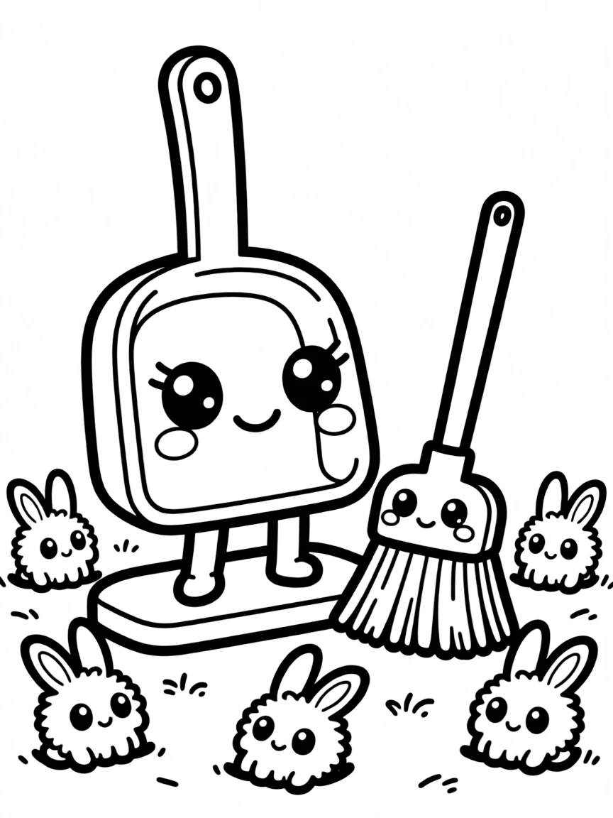 Kawaii dustpan with brush friend and dust bunnies