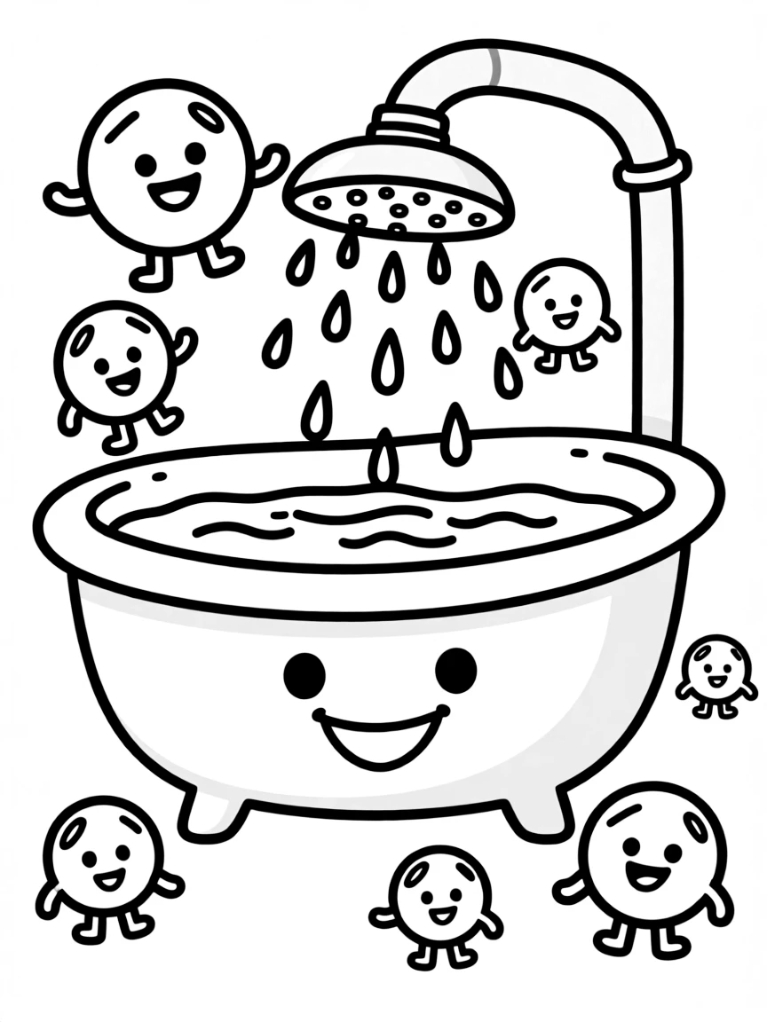 Smiling bathtub with bubble friends and shower head