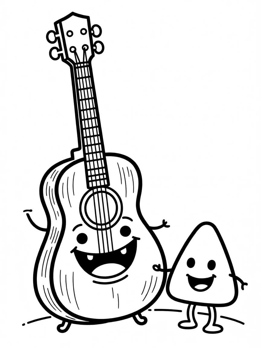 Smiling guitar with string smile and pick friend