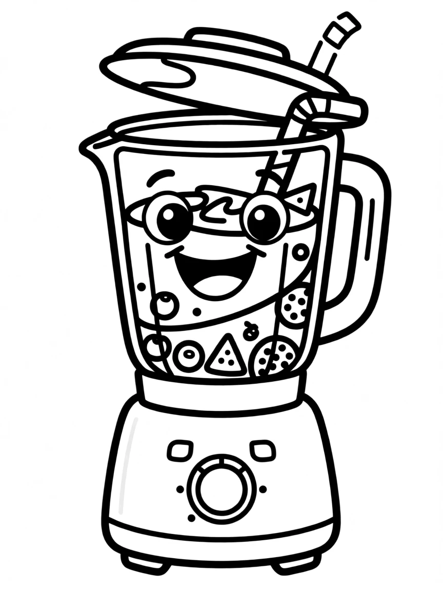 Smiling blender with smoothie swirl and fruit chunks