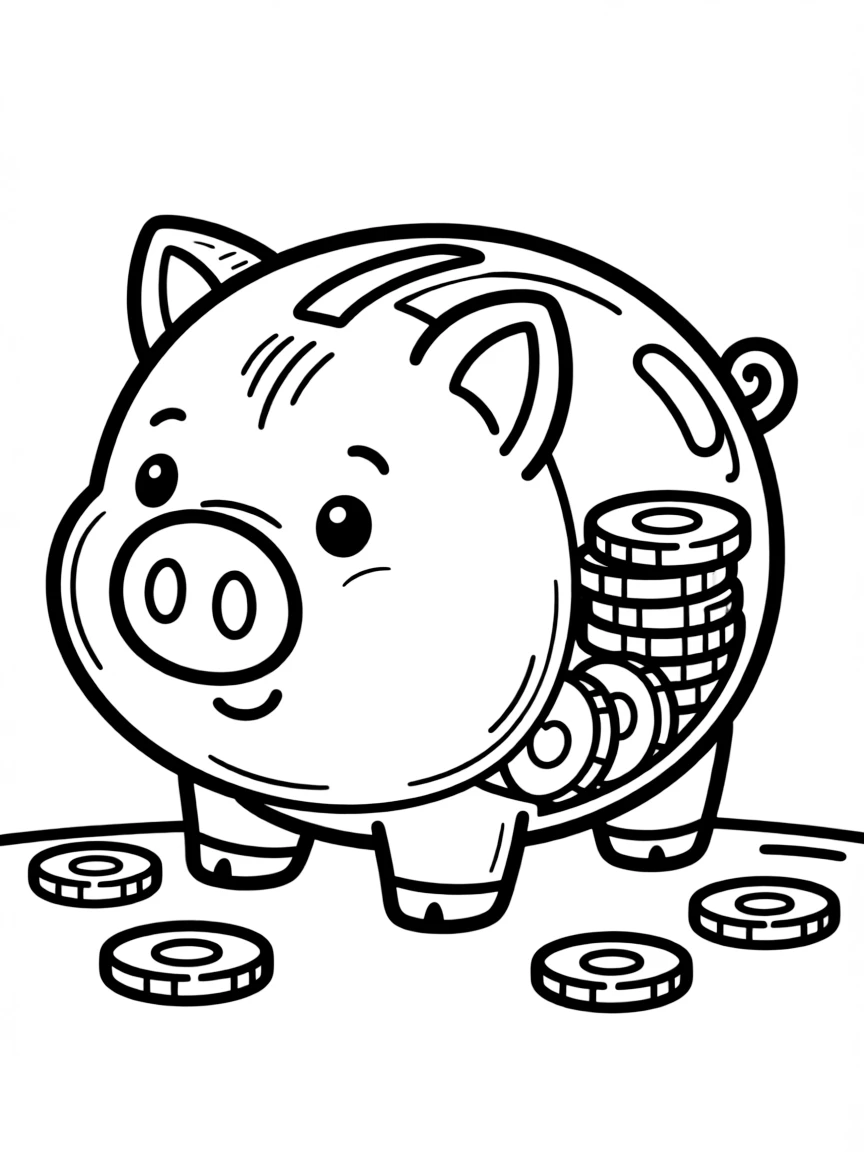 Cute piggy bank with coin slot and savings inside