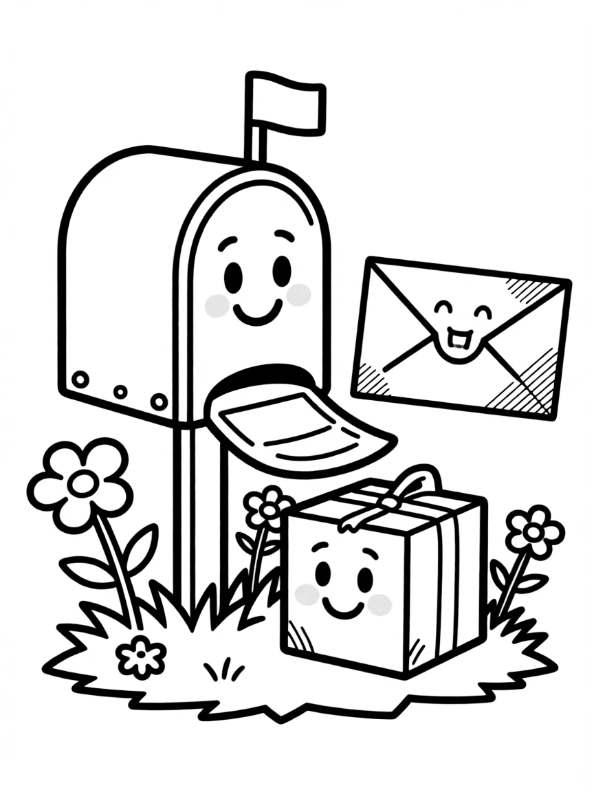 Adorable mailbox with letter and package friends