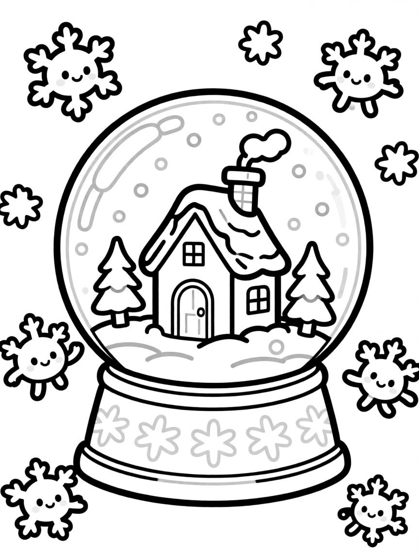 Kawaii snow globe with tiny scene and snowflake friends