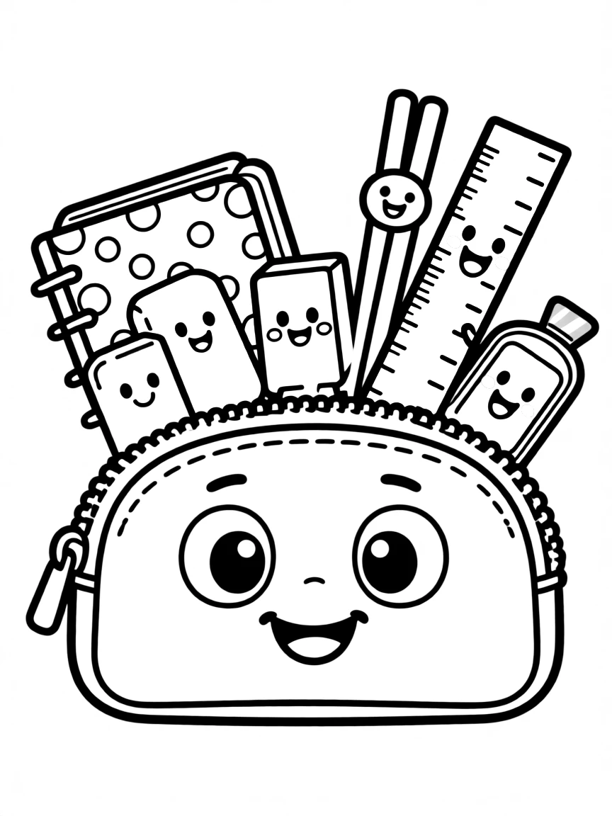 Happy pencil case with stationery friends inside