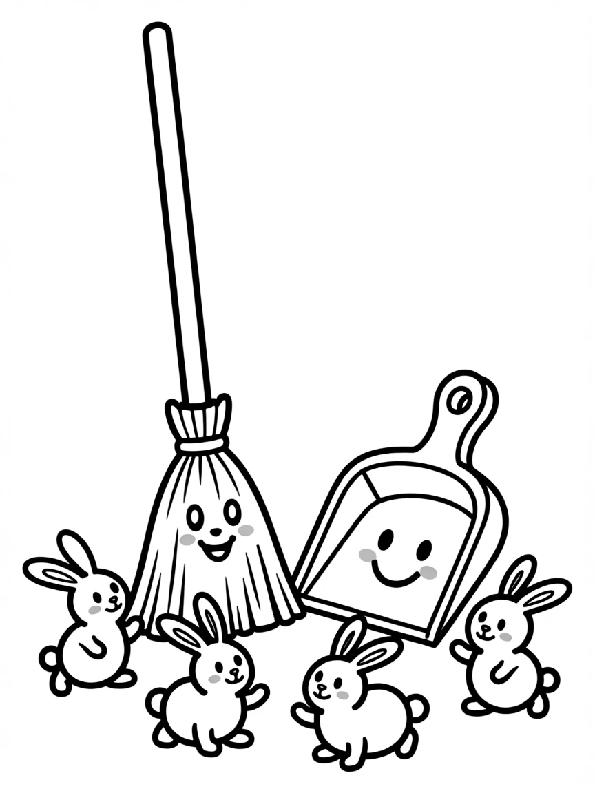 Smiling broom with dustpan friend and dust bunnies
