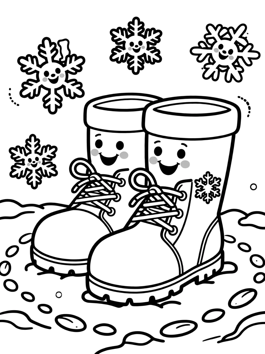 Happy snow boots with snowflake friends and tracks