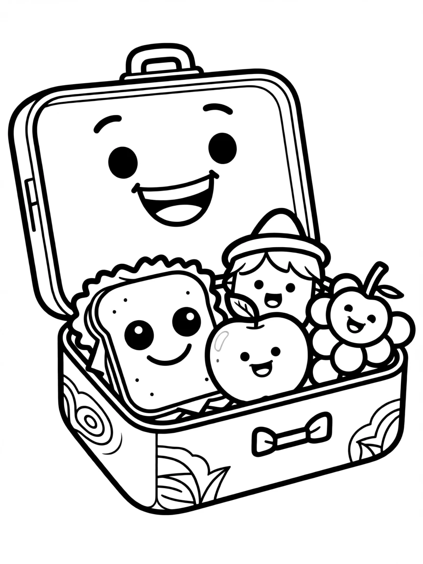 Happy lunch box with sandwich and fruit friends inside