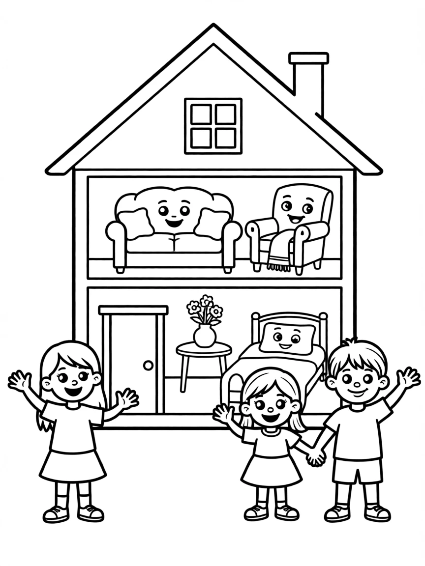 Smiling dollhouse with furniture friends and family