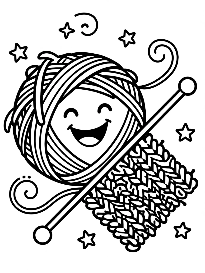 Happy yarn ball with knitting needle and pattern