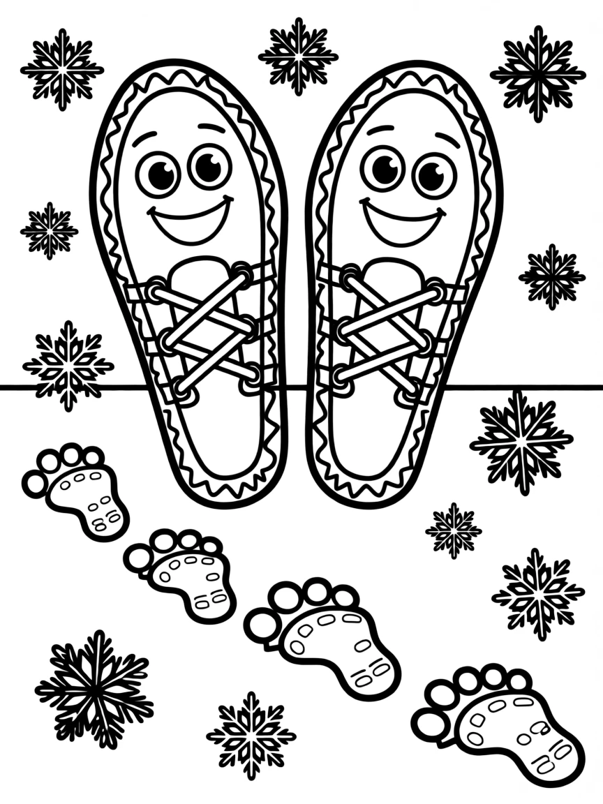 Smiling snow shoes with footprint trail and snowflakes