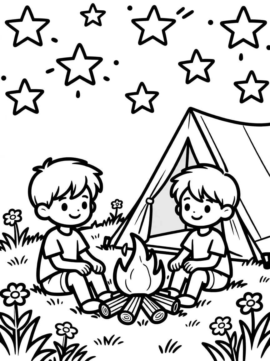 Happy tent with campfire friend and star sky