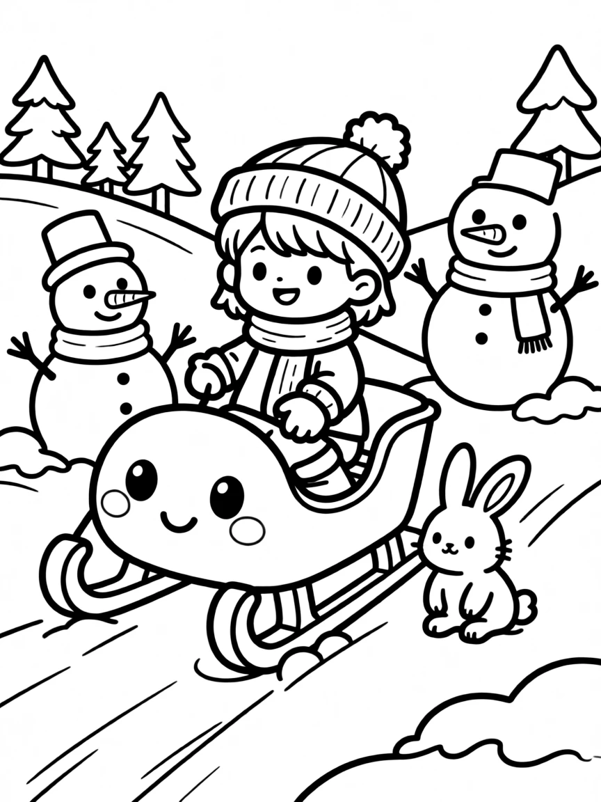 Kawaii sled with snowy hill and winter friends