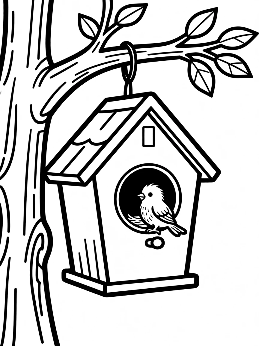Adorable bird house with nesting friend and tree