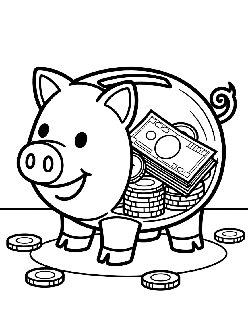 Happy piggy bank with coin slot and savings inside