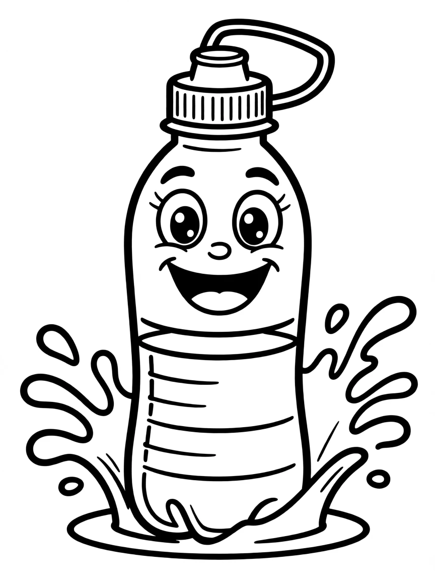 Smiling water bottle with sports cap and splash
