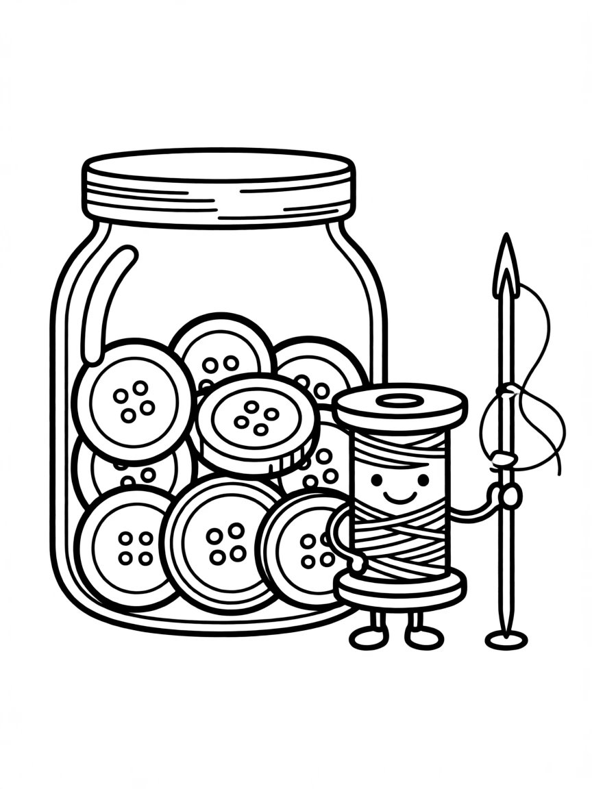 Adorable jar of buttons with thread and needle friends