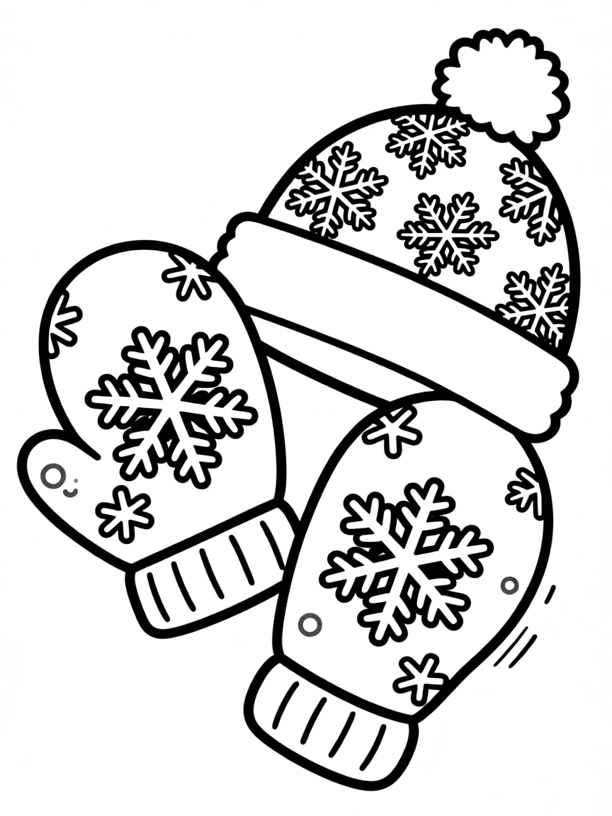 Happy mittens with snowflake pattern and matching hat