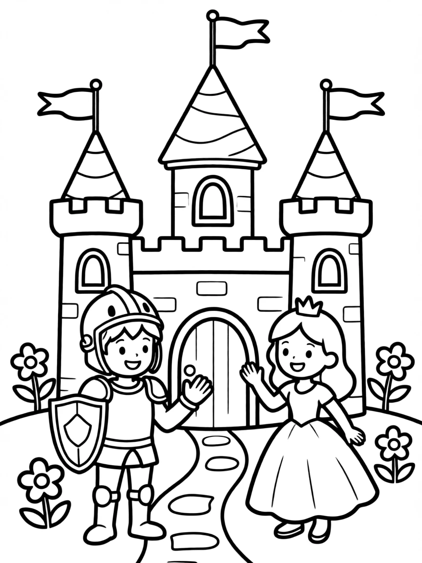 Happy toy castle with knight and princess friends