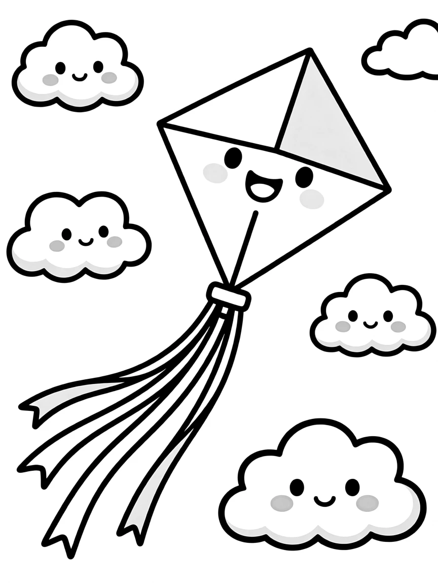 Kawaii kite with tail ribbons and cloud friends