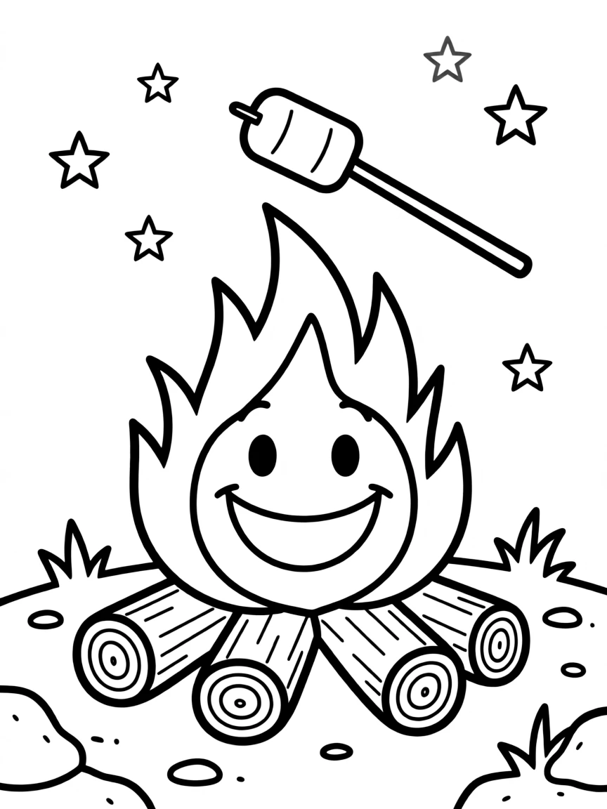 Smiling campfire with marshmallow roast and stars