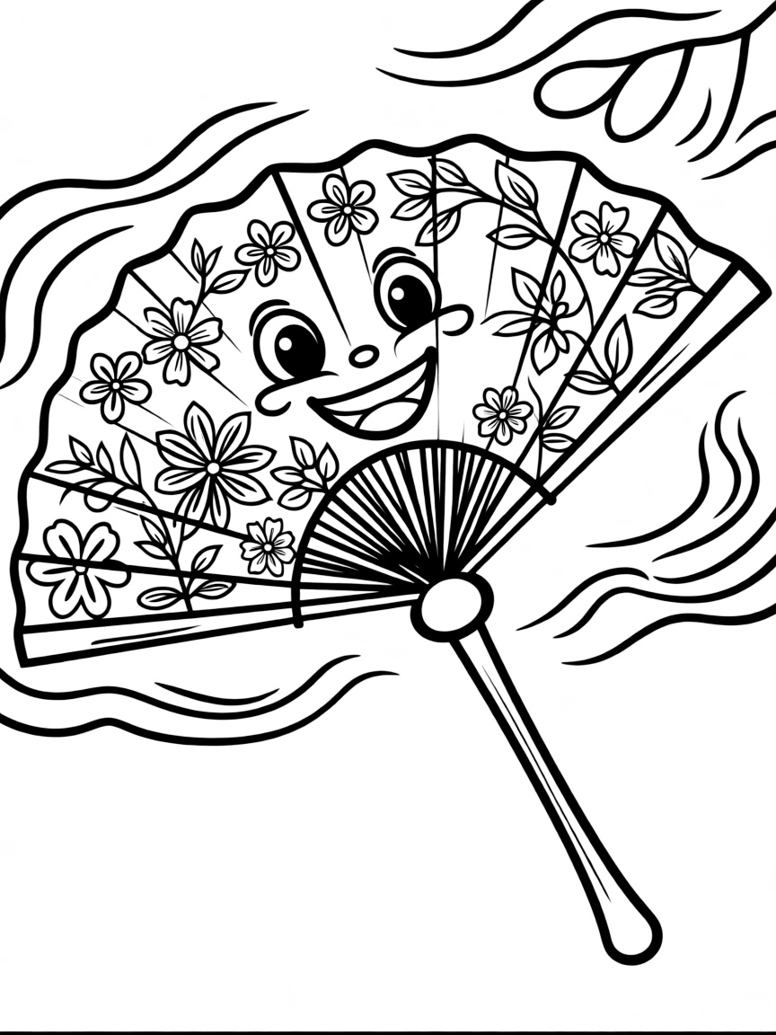 Smiling paper fan with floral design and summer breeze