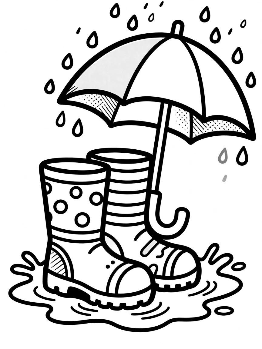 Cute rain boots with puddle splash and umbrella