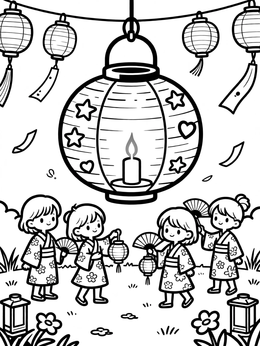 Kawaii lantern with candle glow and festival scene